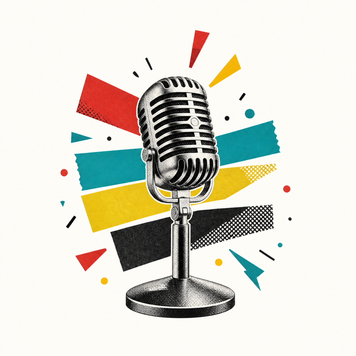 An illustrated vintage comedy microphone
